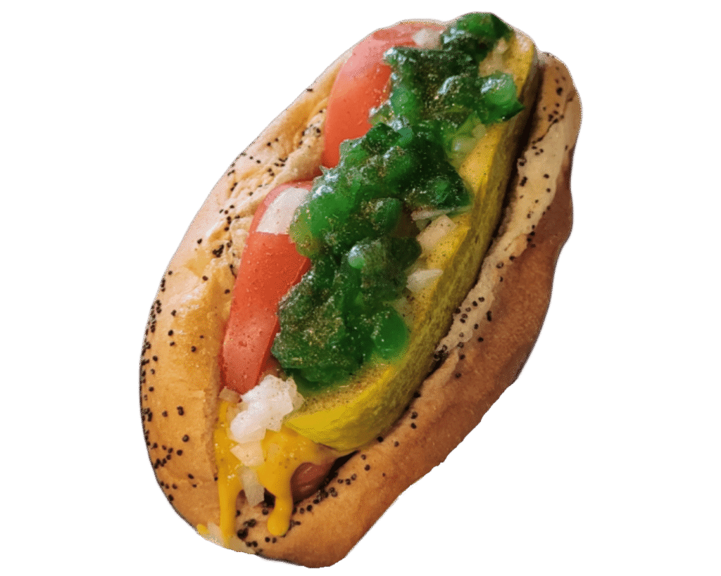 Bruiser's Chicago dog with tomato, neon relish, pickle and mustard on a poppy seed bun